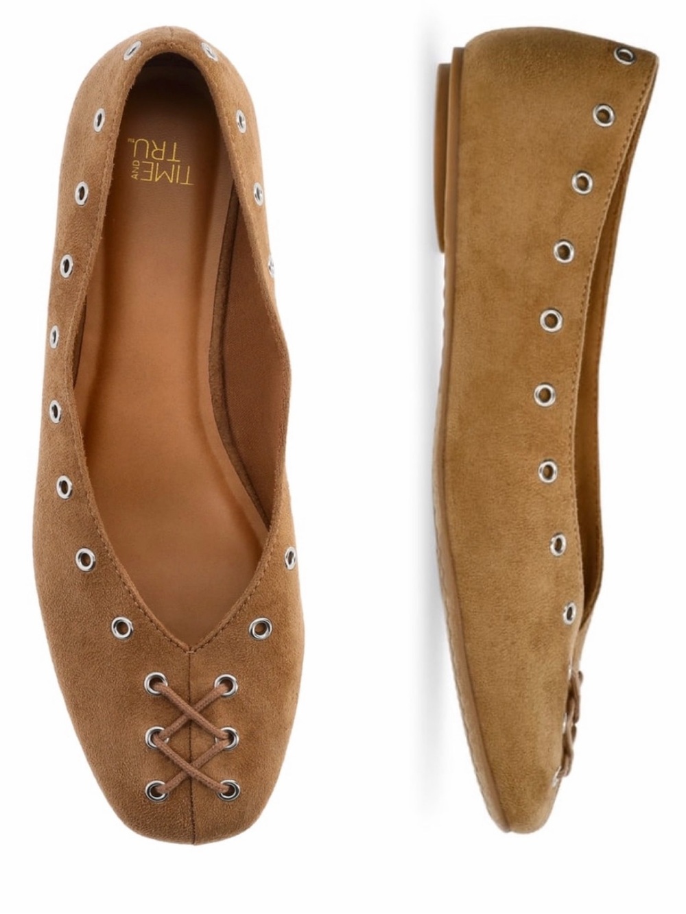Time and Tru Women Faux Suede Corset Ballet Flats Sand Tan 9 Slip On Studded NWT